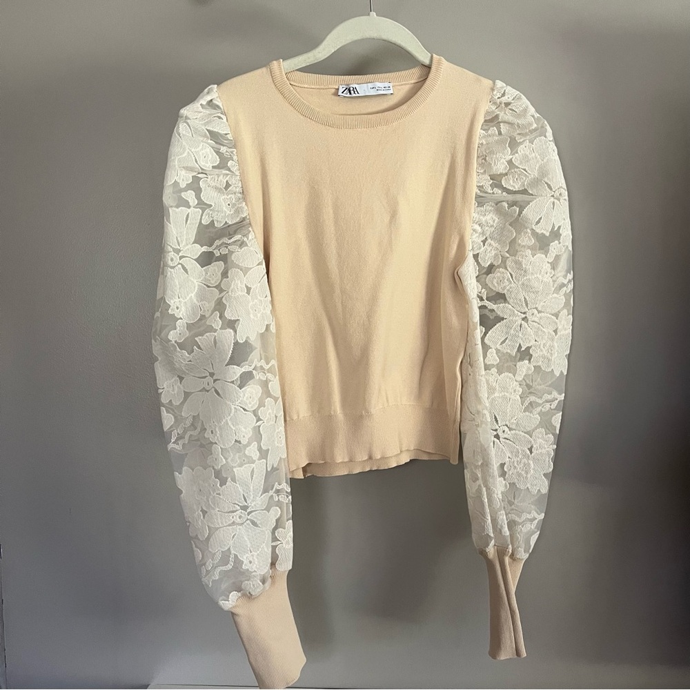 Zara Lace Puff Sleeve Cream Knit Sweater Size Large